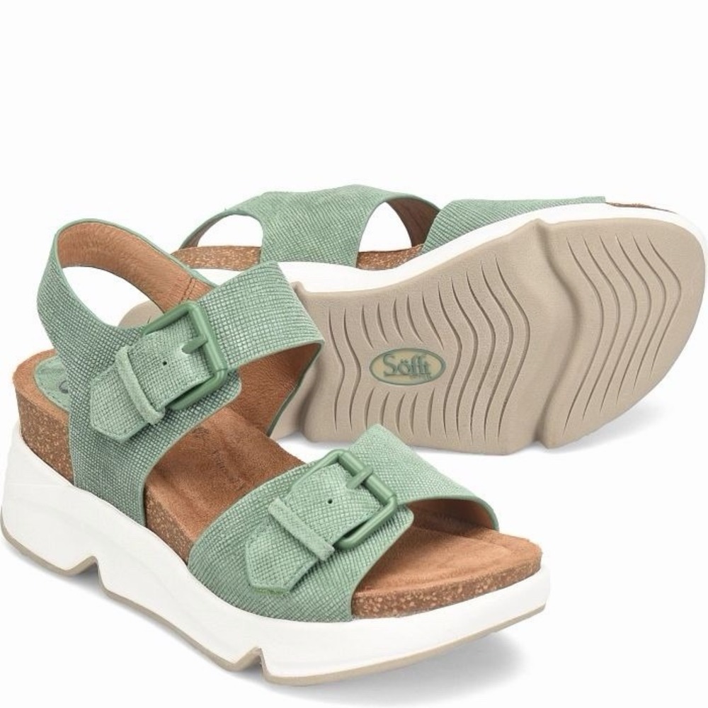 SOFFT Castello Sporty Leather Wedge 2.75" Lightweight Sandal Green Womens US 9.5